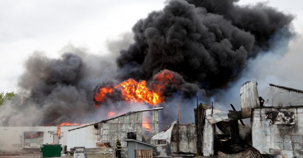 warehouse on fire