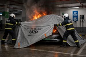 EV fire blanket covering an electric vehicle